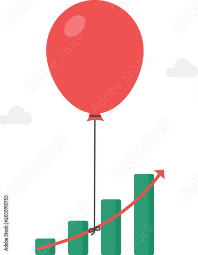 Bild auf Leinwand Huge red balloon floating in the air attached to a growing green upward bar char