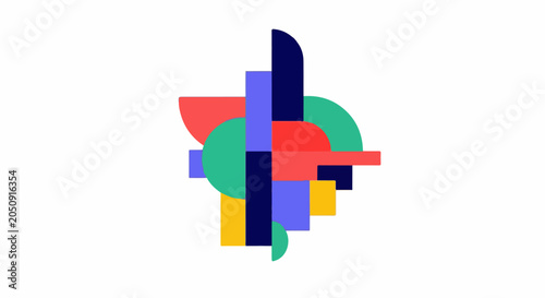Abstract geometric composition with overlapping colorful shapes on white