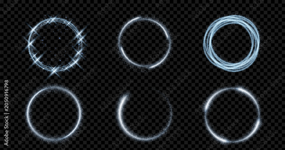 Fototapeta premium Glowing blue rings with magical sparkles and light trails, abstract vector set on transparent background. Silver neon swirl circles with dust particles, circular frames with flare, shimmering effect
