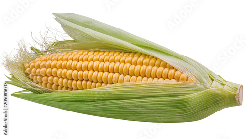Tableau sur toile Fresh yellow corn cob with green husks and silk