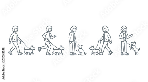 Women walking pet dogs on leashes linear icons.