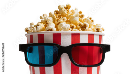 Fotografie Popcorn bucket with red and white stripes and 3D glasses