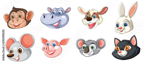 Canvas Print Cartoon Animal Faces Collection with Expressive Smiling Characters