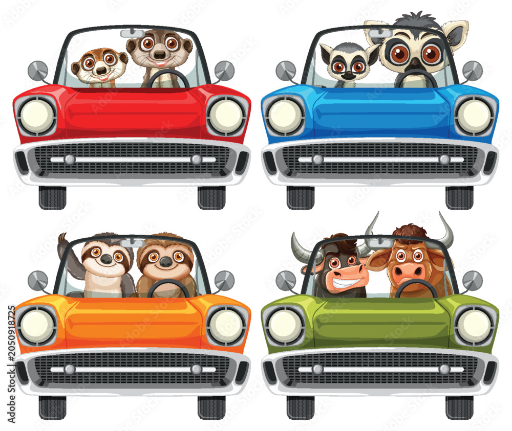 Fototapeta premium Cartoon Animals Driving Colorful Cars Front View Vector Set