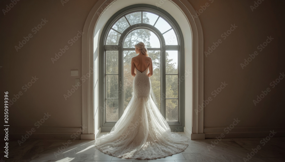 Fototapeta premium There is a woman in a wedding dress standing in front of a window