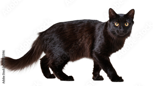 Tableau sur toile Black cat with yellow eyes standing on white