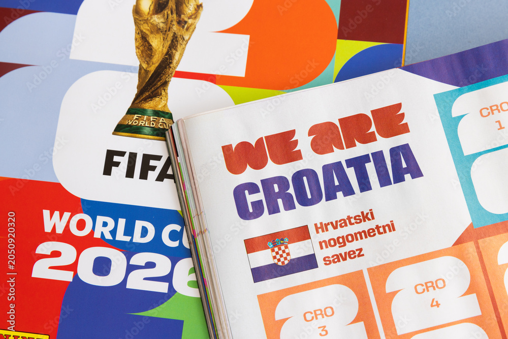 Naklejka premium LONDON, UK - JUNE 2026: Croatia team page with flag in the 2026 world cup sticker book