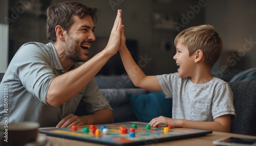 There is a man and a boy playing a board game together