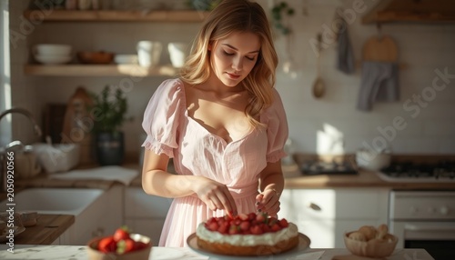 There is a woman that is cutting a cake with strawberries on it