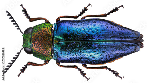 Quadro em tela Iridescent metallic jewel beetle with segmented antennae and legs