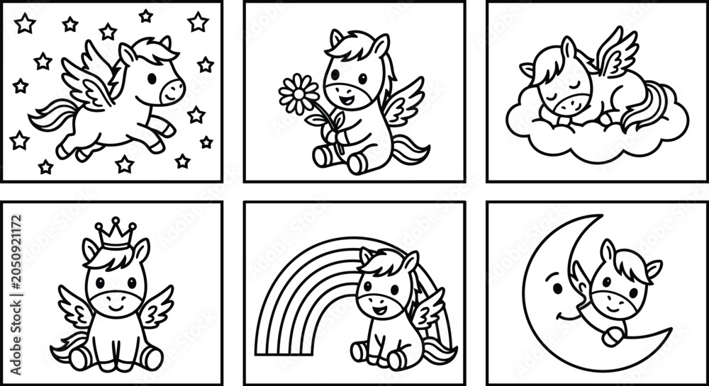 Obraz premium panel unicorn line art set with wings rainbow moon stars and clouds in outline style