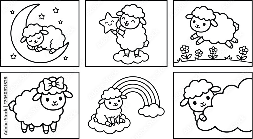 Fototapeta premium Vector sheep on moon with stars rainbow and flowers in line art style