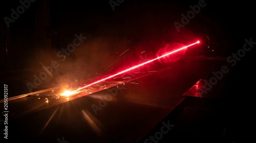 Bright red laser beam cutting through complete darkness with intense light rays and glowing particles
