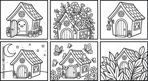 Whimsical line art houses with plants and butterflies in a garden scene