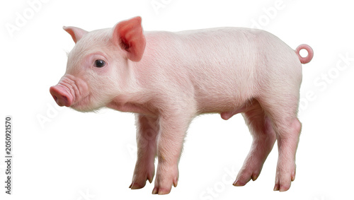 Canvastavla Pink piglet standing side view, white