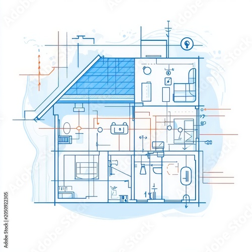 Detailed architectural blueprint of a modern house, featuring rooms and utilities layout in blue and light colors.