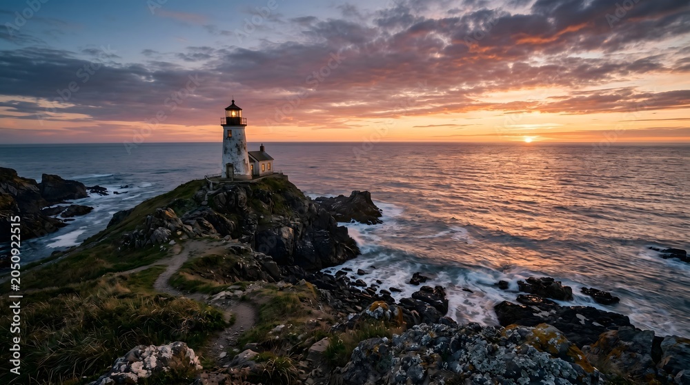 Fototapeta premium Lighthouse on Rocky Coastline at Sunrise with Dramatic Sky and Ocean Waves
