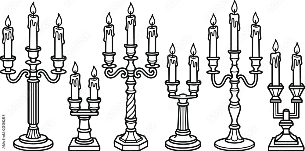 Naklejka premium Line art candelabras collection of tall candle holders illustration in black and white