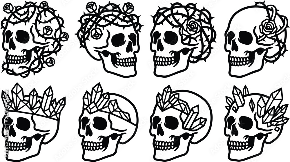 Fototapeta premium Skull crown motif line art set for tattoo design in black and white vector
