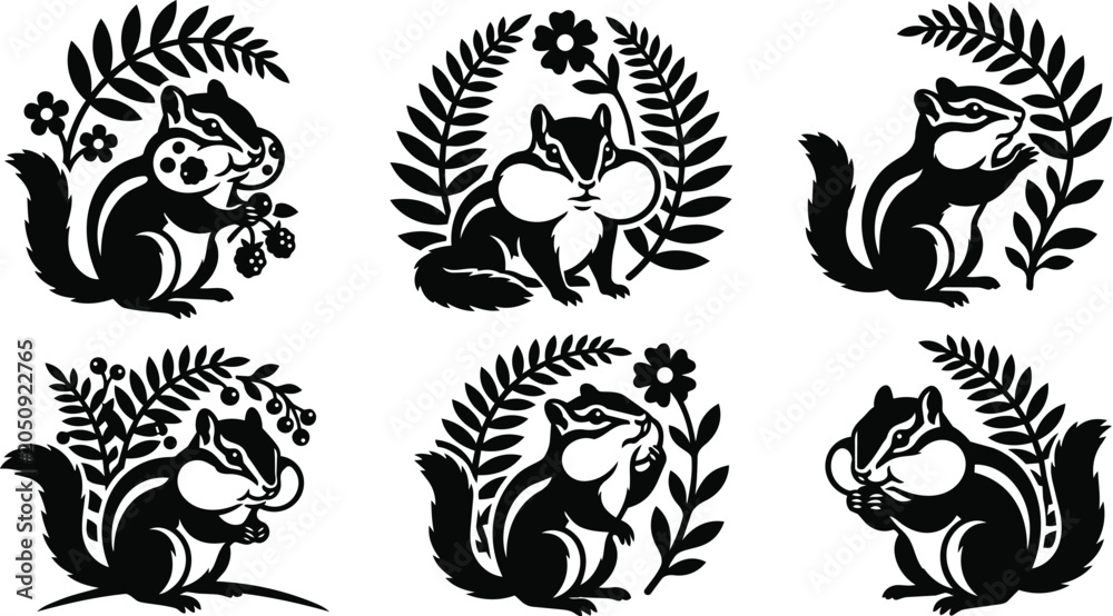 Obraz premium Squirrel vector badge with foliage and flowers circular plant motif nature inspired studio clipart