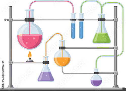 Chemistry laboratory experiment setup vector, glass flasks and tubes on stand over white background