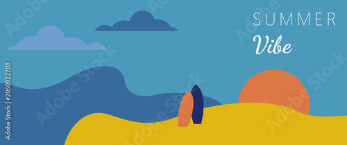 Foto Summer vibe illustration with surfboards on the beach, blue sky with clouds and