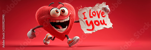 A Joyful 3D Red Heart Mascot Running and Proudly Raising a Handwritten I Love You Paper Sign, Vibrant Red Crimson Background with Negative Space for Romantic Messages. Generative Ai.