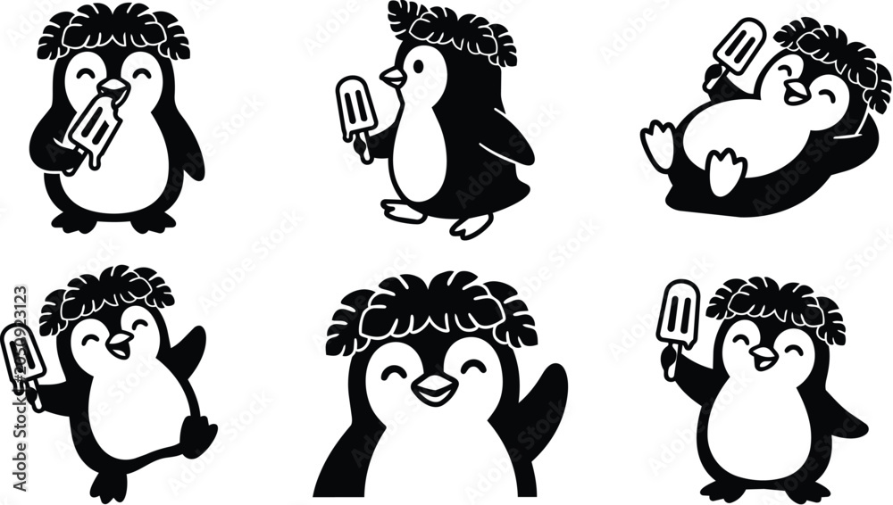 Obraz premium Penguin character holding ice cream popsicle in playful vector art set different poses