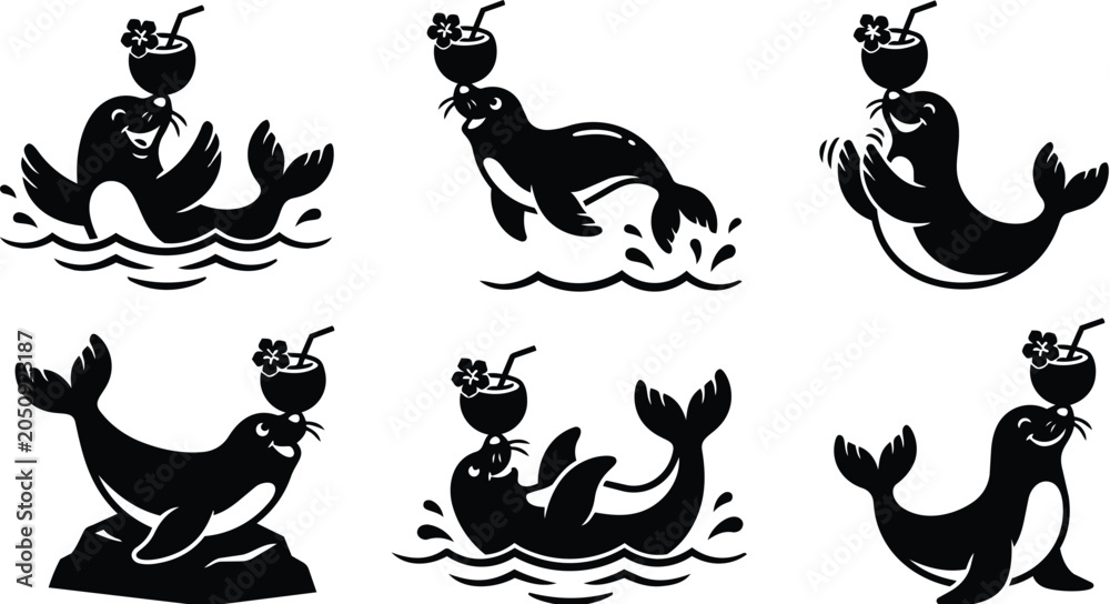 Obraz premium Vector art black silhouette seals with coconuts and waves in tropical style