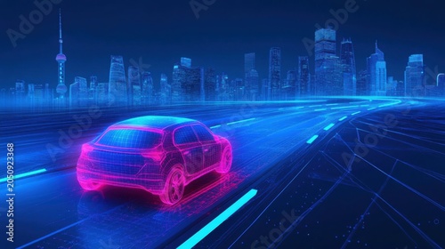 Futuristic Neon Car Driving Through Digital Cityscape at Night