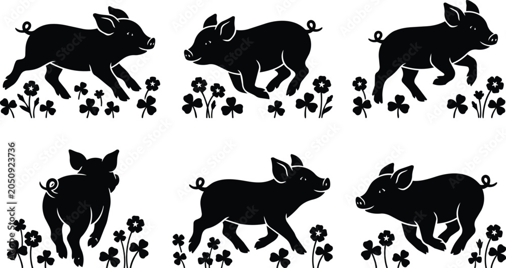 Obraz premium Vector art pigs in clover field silhouettes in a row on grass