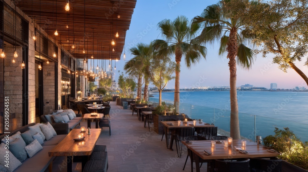 Fototapeta premium Stunning Outdoor Dining Area at Dusk with Beautiful Waterfront View and Elegant Décor Surrounded by Lush Palm Trees and Soft Ambient Lighting