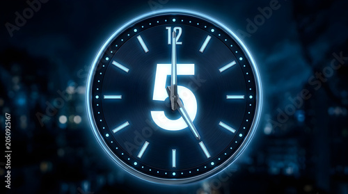 Digital clock showing five oclock with glowing blue neon light effects
