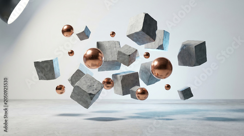 Abstract 3D composition with floating concrete cubes and copper spheres, minimalist geometric shapes in zero gravity, industrial stone blocks and metallic balls for modern design