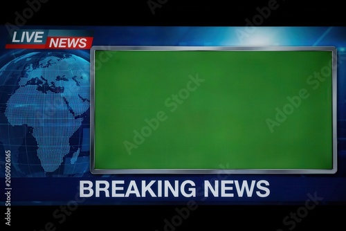 Breaking news background with green screen for television broadcast, digital globe and news studio graphic design