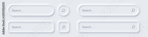 Neomorphic search bar set. SEO background. Rounded panels with search fields and magnifier symbols on light background. Modern vector illustration in neomorphism style for digital marketing solutions.
