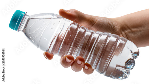 Hand holding clear plastic water bottle with blue cap