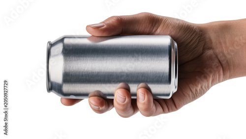 Hand holding brushed aluminum beverage can