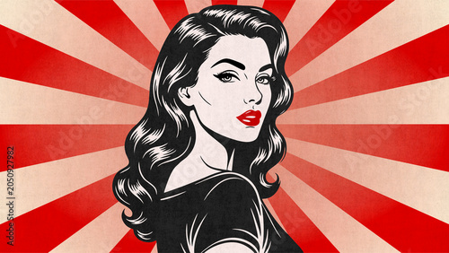 Stilisierte Illustration einer eleganten Frau mit dunklem Haar im klassischen Pin-up-Stil