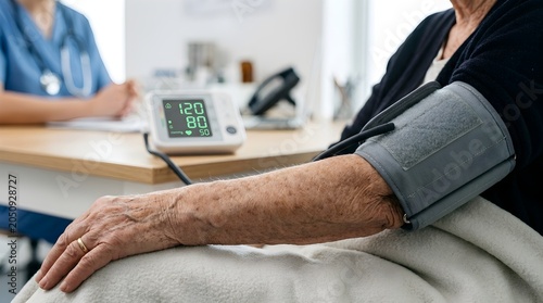 Clinic scene showing a patient having blood pressure measured by a nurse with vital signs monitored.