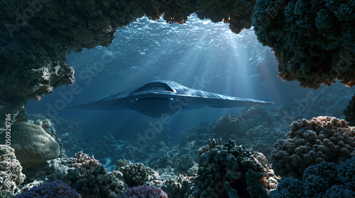 Underwater combat drone hidden among coral reef structures, stealth reconnaissance concept
