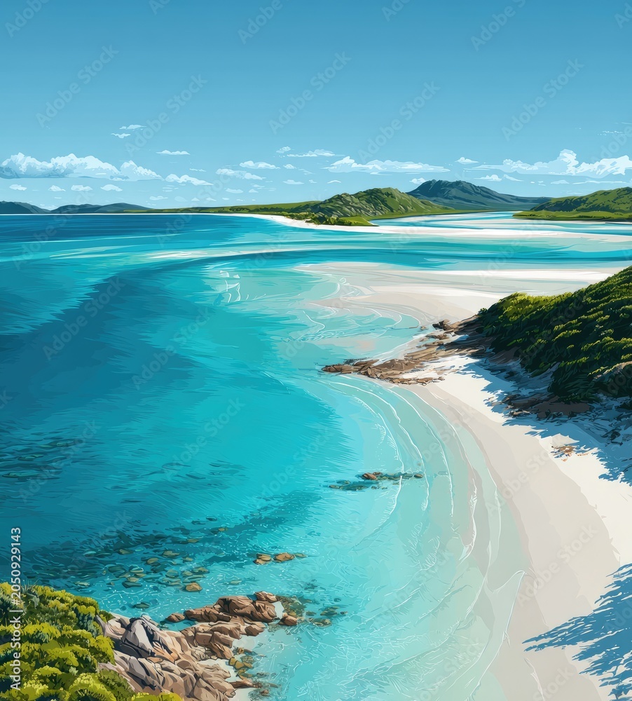 Naklejka premium paradise island with white sand and clear turquoise water illustration