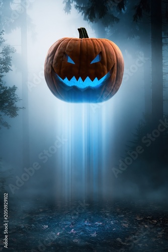 Floating Glowing Halloween Pumpkin in Foggy Dark Forest