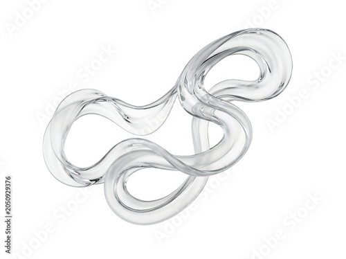 Fluid transparent glass ribbon winding in complex intertwined curves isolated on a deep solid black studio background isolated on a transparent background