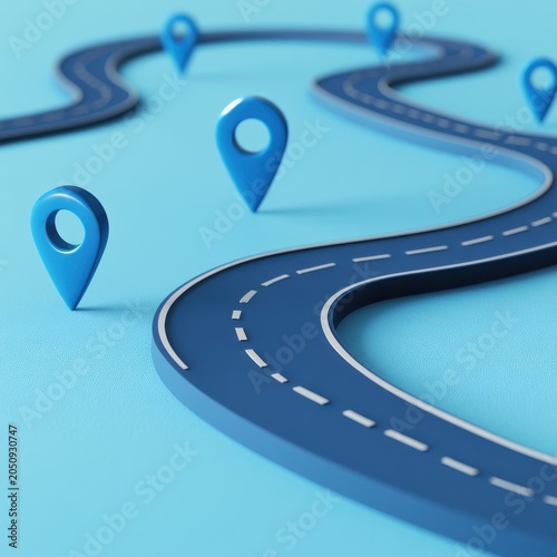 A creative illustration of a winding road with blue location markers on a vibrant blue background.