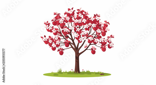Stylized tree with red apples and white blossoms on green grass