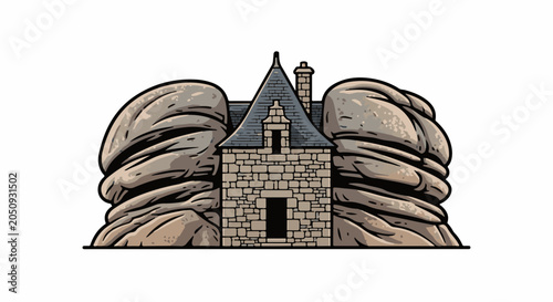 Stylized stone building nestled between large rock formations