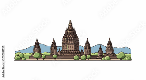 Stylized pixel art of a large temple complex with multiple spires and surrounding trees
