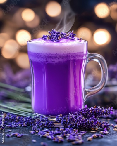 A steaming cup of lavender latte, topped with fresh purple flowers and surrounded by lavender blossoms.