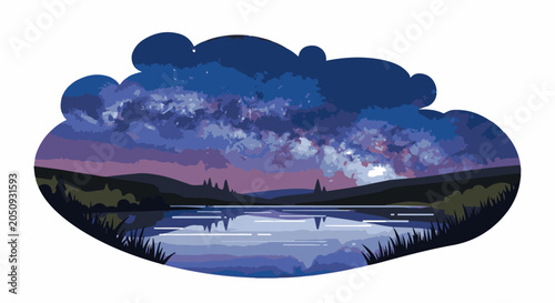 Stylized night sky over a calm lake with silhouetted trees and hills